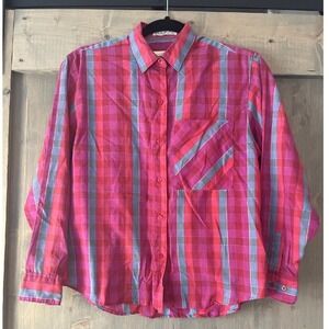 Vtg Diane Von Furstenberg Shirt Sz 8 Lightweight 80s Red Rainbow Plaid Button Up